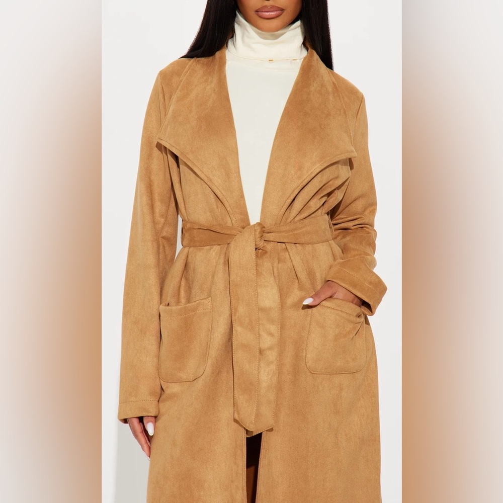 Tan Faux Suede Collar Belted Front Pocket Trench Coat - Picture 8 of 11